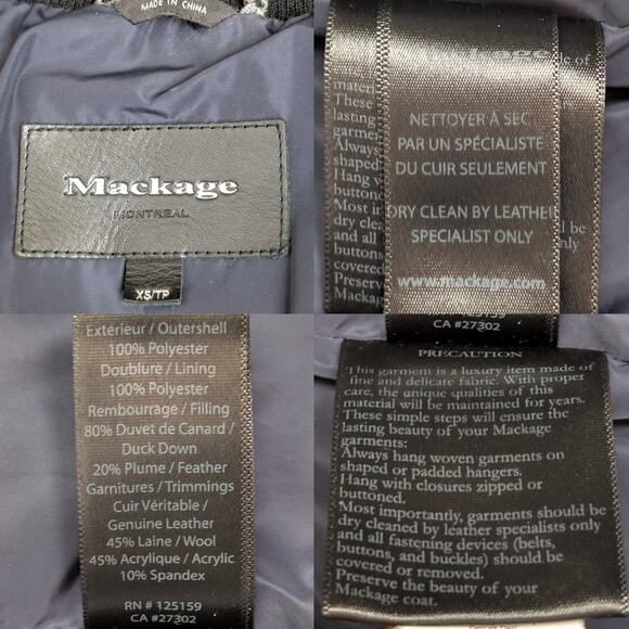 Mackage Kay Down Water Resistant Long Hooded Signature Collar Coat Navy Blue XS - Picture 5 of 14